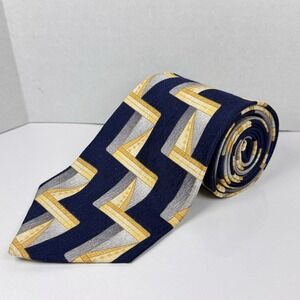 Zylos by George Machado Silk Tie Navy Gold Gray Geometric Made in USA Vintage